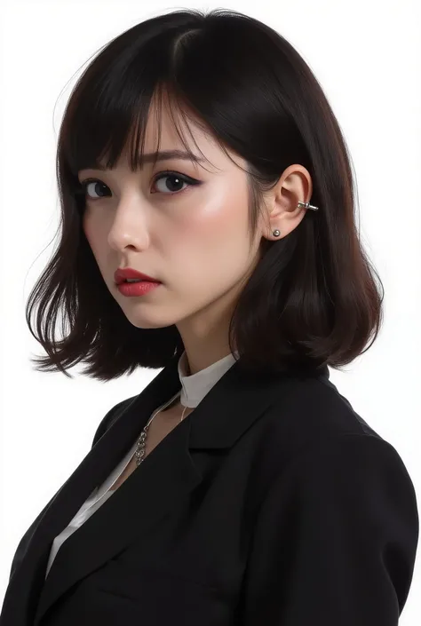 Beautiful Japanese Woman 、、 She is wearing an office lady suit、濃いeyeshadow 、Hairstyle: Medium long、wavy hair 、Dark brown hair 、ear piercing、 Empty Expressions 、 necklace、 white backgr

