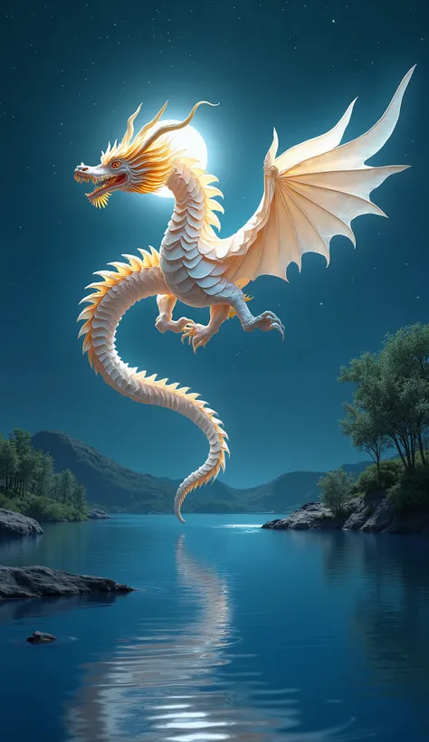 a mystical image of a white and gold Chinese dragon made of origami above a lake of sapphire-blue waters at night