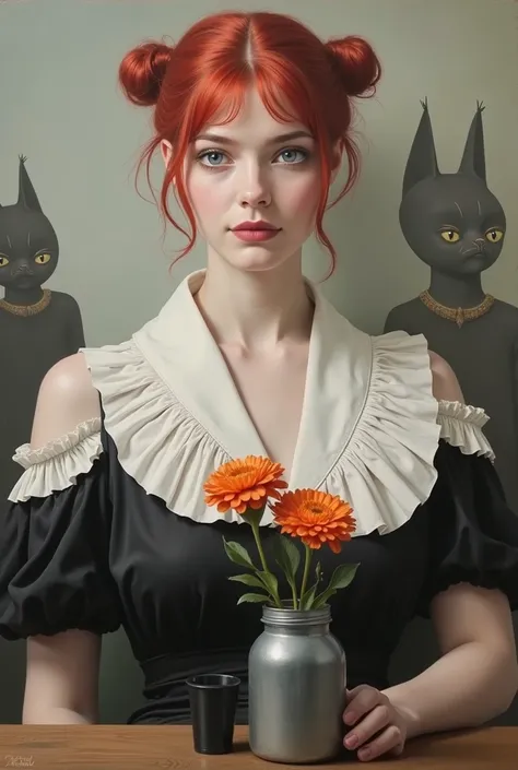 Prompt: Oil painting is a pictorial portrait in a style reminiscent of magical realism. In the center of the painting is a beautiful big breast young woman with red hair gathered in two pigtails. She is dressed in a black dress with a white collar and cuff...