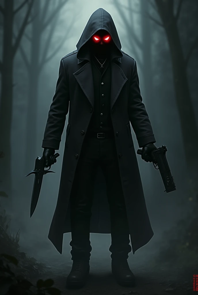 prompt:  A terrifying humanoid monster designed for the game Pillar Chase 2 , called Mooren .  He wears a dark trench coat and a hood that partially hides his face ,  with bright red eyes that stand out in the dark .  In his right hand he holds a sharp com...