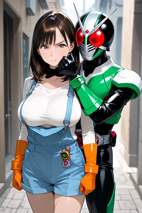 (     Top Quality ), (Overall view) ,Backstreets,  Attractive Young Young Man 18 Years Old ,  shining Kamen Rider suit ,   Gets Pounded on the Cheek by a Beautiful Woman with Big Breasts ,  Grumpy Kamen Rider 