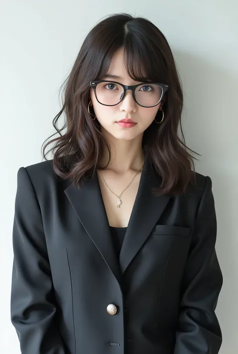 Beautiful Japanese Woman 、、 She is wearing an office lady suit、濃いeyeshadow 、Hairstyle: Medium long、wavy hair 、Dark brown hair 、Misaligned glasses、ear piercing、 Empty Expressions 、 necklace、 white backgr
