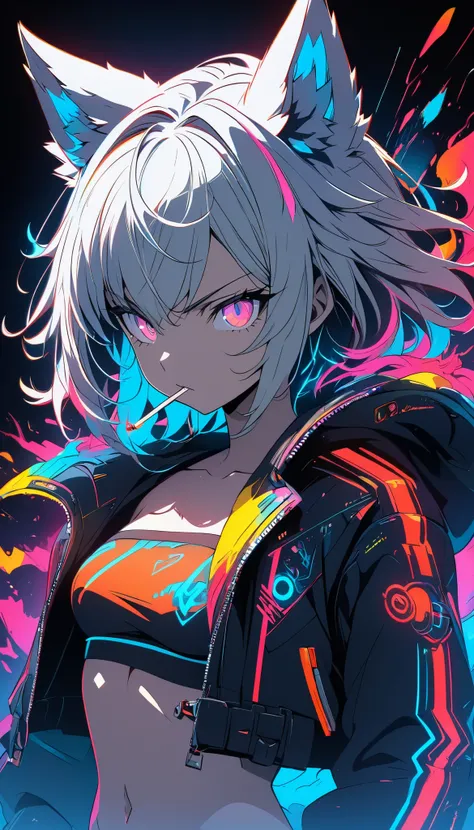 ( Masterpiece :1.2), ( Top Quality:1.2),   Ultra High Resolution,   tall very detailed  ,  Limited Palette, black background, colorful,(Sparkling Outline :0.85), neon,( black light :1.3), ( Wolf Girl ), (1 person,   boyish:1.3), Serious,  Androgynous charm...