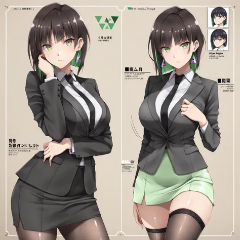 masterpiece, (((( best quality )))),1 girl, Japanese Anime ,character profilele,shiny skin, wearing a black suit,skirt suit, black tie , dark hair, short bob hair,The inner color of the hair is green, green eyes,isosceles triangle earrings, black stockings...