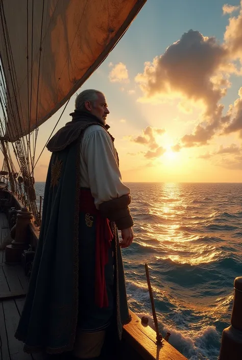 A panoramic shot of a pirate ship on the open sea at sunrise. Olivier Levasseur stands on the deck, gazing at the horizon.(flashback)