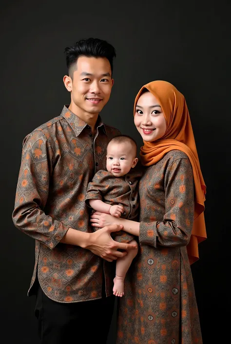 Studio photo of a young family of 3 father , Mother,  and son wearing the same dress which is batik .  28 year old father with neat thin hairdo , Mother berumur 24 tahun memakai hijab yang senada dengan baju. Newborn shaven hair . Background hitam, realist...