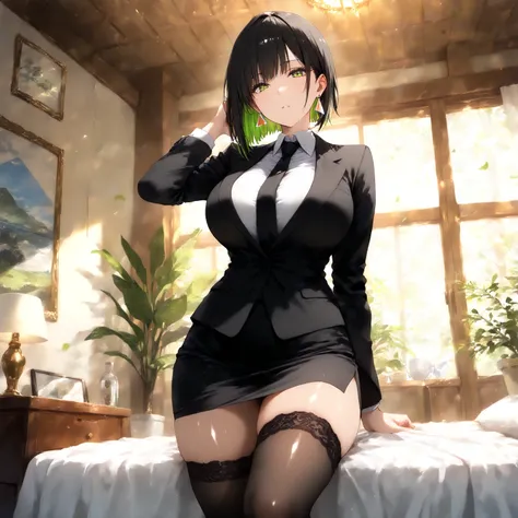 masterpiece, (((( best quality )))),1 girl, Japanese Anime ,,shiny skin, wearing a black suit,skirt suit, black tie , dark hair, short bob hair,The inner color of the hair is green, green eyes,isosceles triangle earrings, black stockings,large breasts