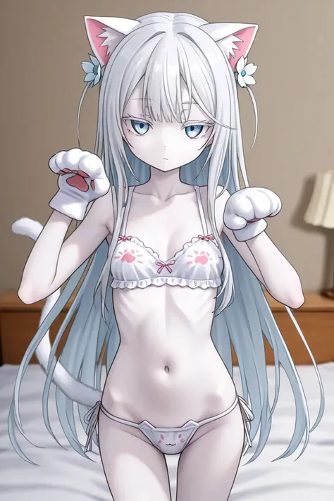 maple (Wingpa );  perfect hand;  1 girl;  albino;  very white skin;  I have very white skin;  very skinny girl ; petite girl;  very small breasts; Gray Hair;  straight hair;  long hair up to the waist;  White flower ornament ;   white eyebrow ;   blue eyes...