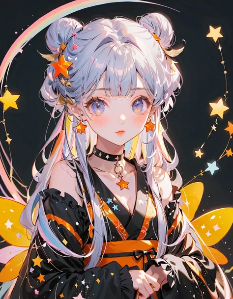  Best Details 、  in the seat，，Blink， （  the hair color is milky white and the tips of the fur are blue）、  cutest girl in the world   ，（orange neon color star choker、Ruffles on the collar、 Wear a colorful and cute goth kimono costume  ,Shoulders are exposed...