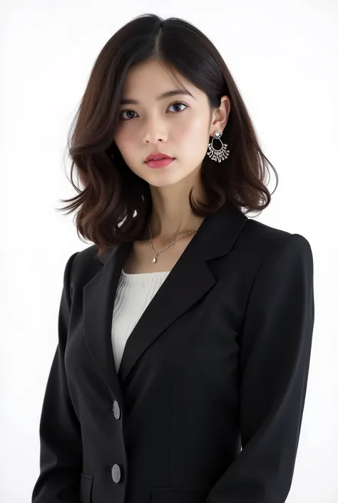 Beautiful Japanese Woman 、、 She is wearing an office lady suit、濃いeyeshadow 、Hairstyle: Medium long、wavy hair 、Dark brown hair 、ear piercing、 Empty Expressions 、 necklace、 white backgr