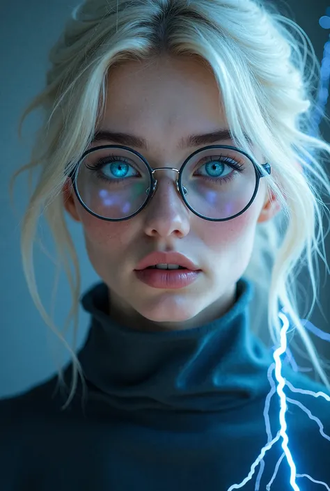 A young adult woman with platinum blonde hair , blue ice eyes,  thick, round glasses and something in connection with the power of thunder, ability 