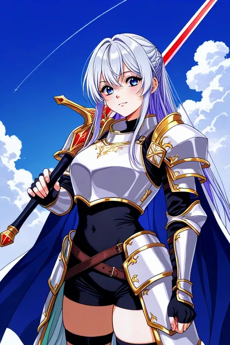  beautiful silver-haired girl　torso armor　 has a sword　The background is blue sky and mountains 　 fantasy　Game　