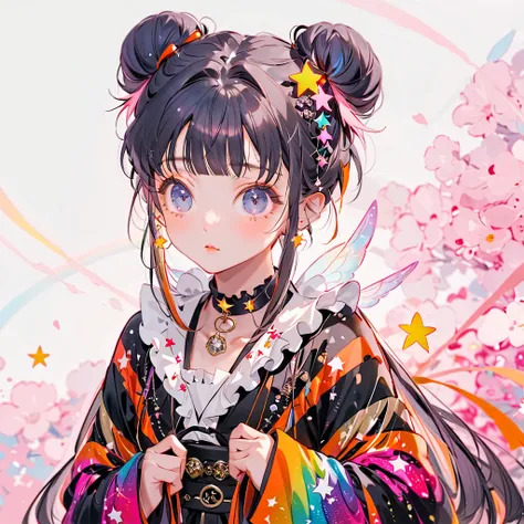  Best Details 、  in the seat，，Blink， （  the hair color is milky white and the tips of the fur are blue）、  cutest girl in the world   ，（orange neon color star choker、Ruffles on the collar、 Wear a colorful and cute goth kimono costume  ,Shoulders are exposed...