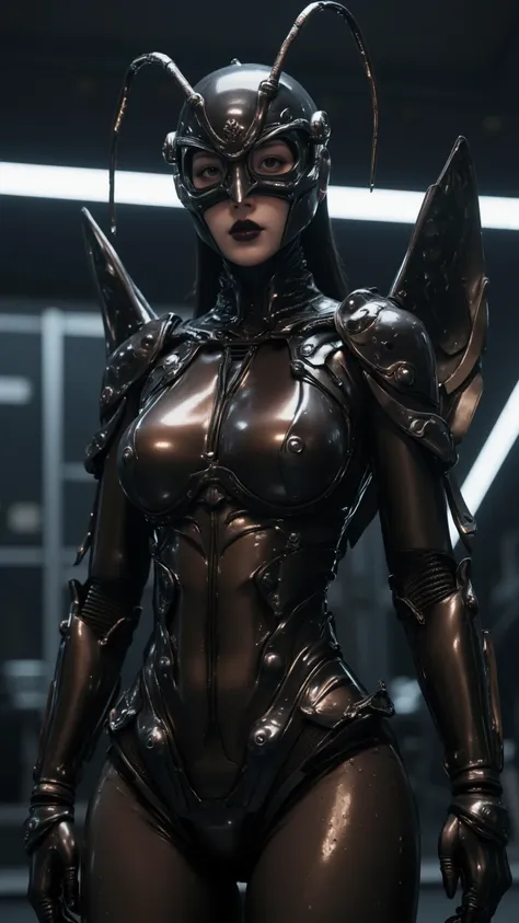 Cinematic portrait of the Japanese actress playing a biomechanical ant-cockroach hybrid special effects villain. A sleek black exoskeleton bodysuit in a dark brown metallic hue. Segmented armor plates accentuate her feminine silhouette. A full-face helmet ...