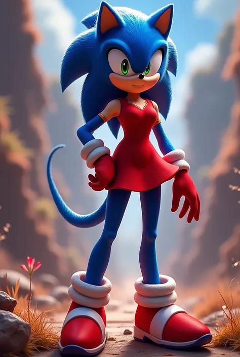 Generate sonic the hedgehog but as a girl add a red dress into her and don forget the red shoes and gloves make her chest extra thicc not too much