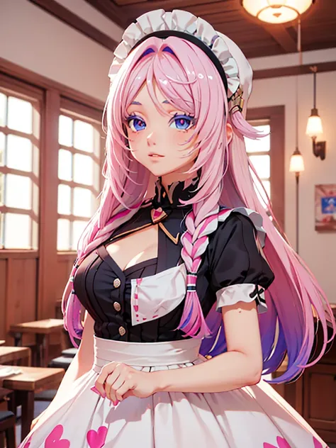 "Citlali from Genshin Impact", 1woman, wearing a maid outfit, at a maid cafe , pink colour hair, "Citlali's hair style, 8k, high detailed, high quality, high accuracy