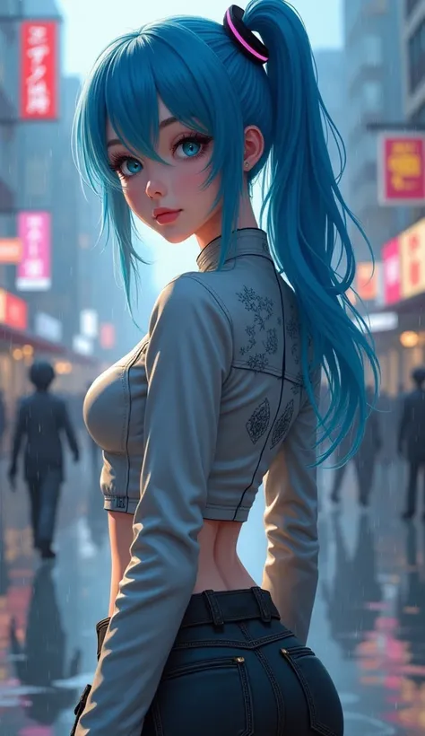  Detailed digital image of a young woman with vibrant blue hair, Detailed digital image of a young woman with vivid blue hair  ,   and video game characters ,  embroidered in a style evoking leather-like clothing  , short top,  in light grey color ,   and ...