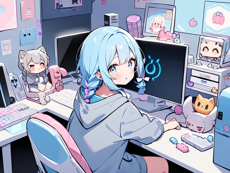 Short Girls。Mainly light blue hair with pink tips、 wearing a gray hoodie with braids on my left side and my left shoulder sticking out。It's an otaku in a room with a cute light blue atmosphere with a composition of sitting in a gaming chair and looking bac...