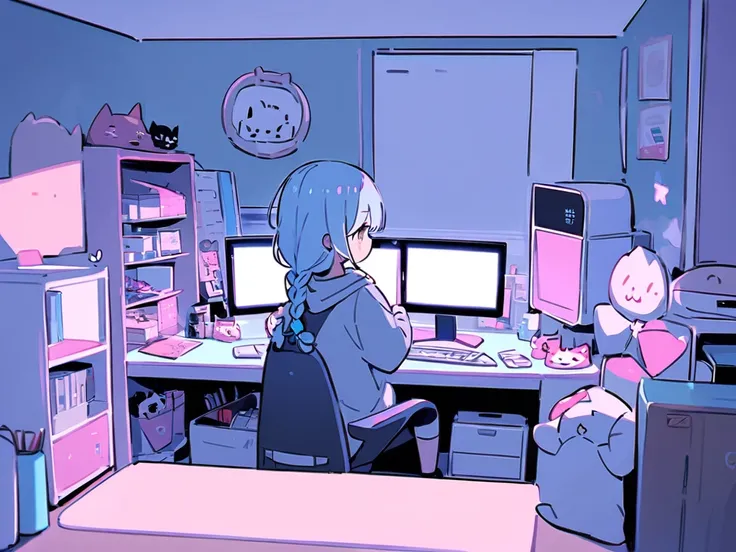 Short Girls。Mainly light blue hair with pink tips、 wearing a gray hoodie with braids on my left side and my left shoulder sticking out。It's an otaku in a room with a cute light blue atmosphere with a composition of sitting in a gaming chair and looking bac...