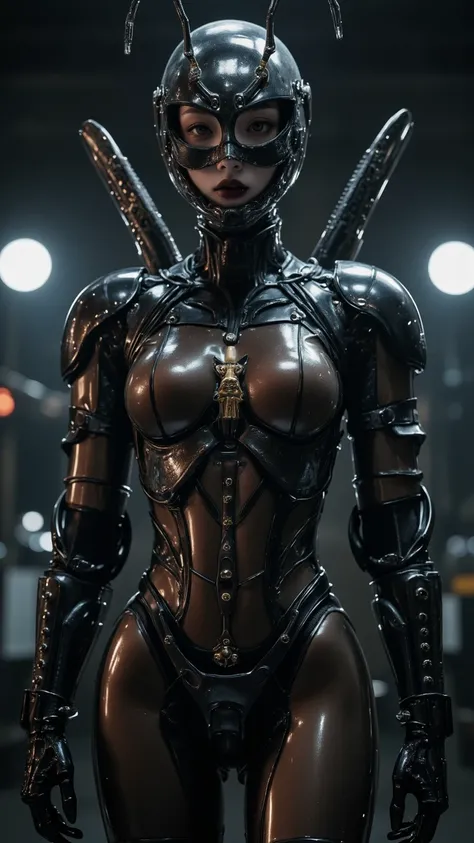 Cinematic portrait of the Japanese actress playing a biomechanical ant-cockroach hybrid special effects villain. A sleek black exoskeleton bodysuit in a dark brown metallic hue. Segmented armor plates accentuate her feminine silhouette. A full-face helmet ...