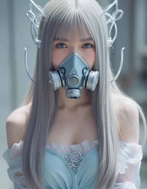 Galactic Idol Image, masterpiece, realistic and beautiful expression of character, Her hair is long, Silky, clear, Shiny silver, twin hairstyles woven by the whispers of nature, Beautiful sparkling blue eyes, She wears an anti-gas mask, (Perfect Ecstasy: 1...