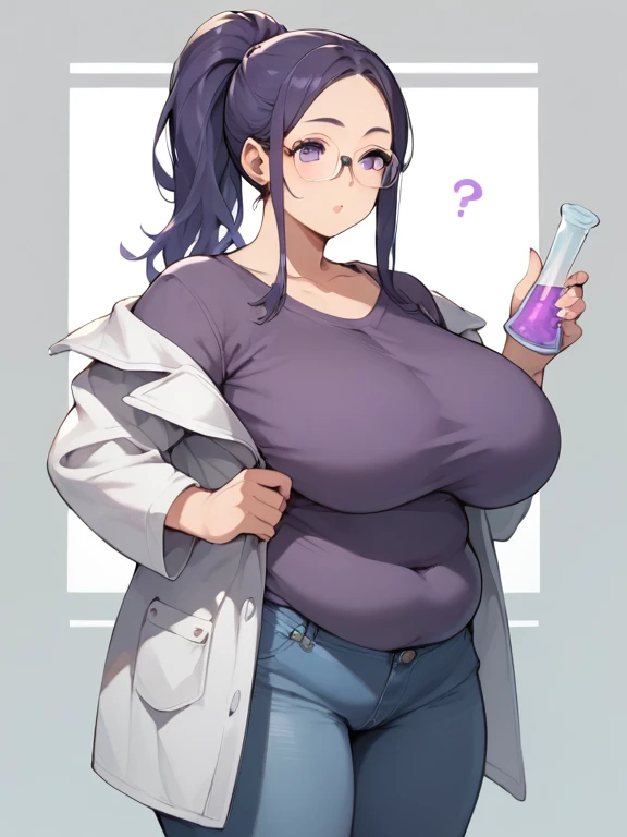  score_9,  score_8_ up the side,  score_7_ up the side,  score_6_ up the side,nsfw， uncensored，  curvy,  thighs, Wide hips,  saggy huge breasts, Chubby belly， beautiful woman:  long purple ponytail ,  Purple Eyes,  glasses and a t-shirt with ,  wears jeans...