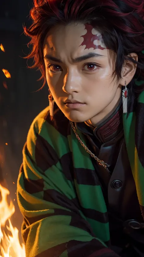 Realistic portrait of Tanjiro Kamado from Demon Slayer,  green and black checkered coat, Red Hair, Highly detailed face and eyes,  Beautifully Detailed Lips ,  long eyelashes,   Detailed Hair  ,  Masterpiece, 8k,  photorealistic,  Dramatic Lighting,  movie...