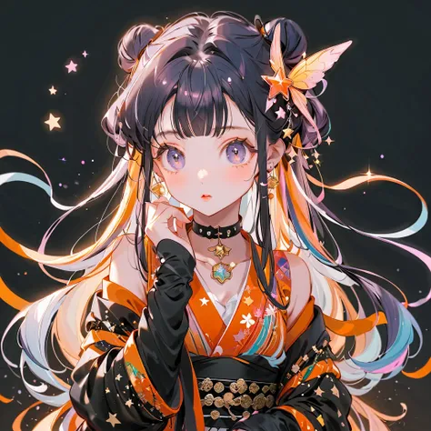  Best Details 、  in the seat，，Blink， （Milky white and dark blue hair color:1.5）、  cutest girl in the world   ，（orange neon color star choker、Ruffles on the collar、 Wear a colorful and cute goth kimono costume  ,Shoulders are exposed、The cuffs are long and ...