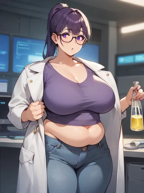  score_9,  score_8_ up the side,  score_7_ up the side,  score_6_ up the side,nsfw， uncensored，  curvy,  thighs, Wide hips,  saggy huge breasts, Chubby belly， beautiful woman:  long purple ponytail ,  Purple Eyes,  glasses and a t-shirt with ,  wears jeans...