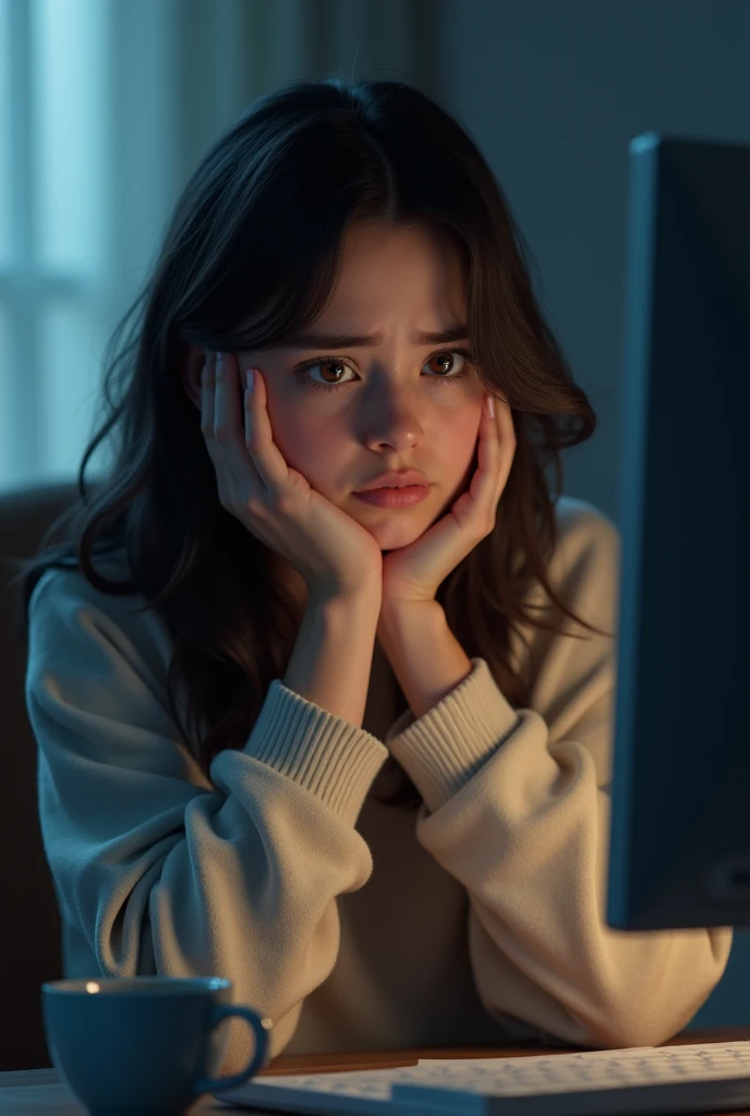 young woman sitting worried in front of computer