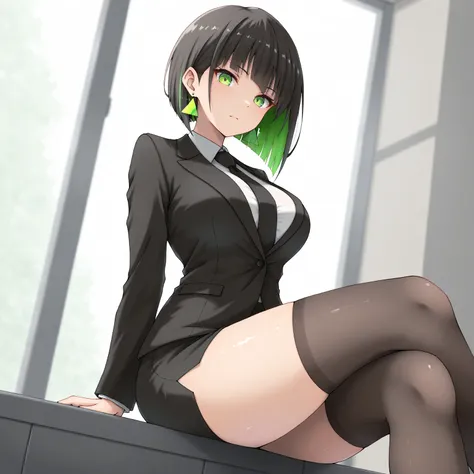 masterpiece, (((( best quality )))),1 girl, Japanese Anime ,,shiny skin, wearing a black suit,skirt suit, black tie , dark hair, short bob hair,The inner color of the hair is green, green eyes,isosceles triangle earrings, black stockings,large breasts