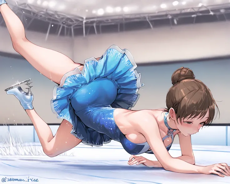 A woman are ice dancing, Indoor skating rink, my skirt is fluttering, blue mini dress, black hair, small one hair bun, solo, masterpiece, high resolution, best quality, (jump:1.4), nitta minami, fall, fallen, fall down