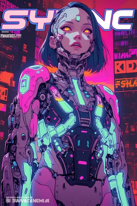 sexy cyborg, magazine cover, poster art , hint of neon vibrant, bold huge text, professional view