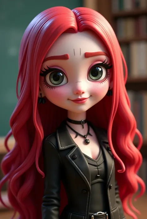 A pretty and cute, gothic-style English teacher in a 3D design like Vanellope from Wreck-It Ralph. She is very pale, with long strong red (cherry-color) hair reaching her elbows. Her eyes are a mix of gray and green. Her face resembles Jade from Victorious...