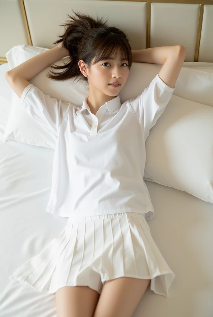 (Masterpiece, Best quality:1.3), (Ultra realistic, Photo-realistic:1.2), (nsfw:1.2), (Full body:1.1), (from above:1.2), (lie on back: 1.3), (spread legs:1.1), Natural light, 28 years old actor, Japanese woman, Neat and clean, ((Wearing white tennis uniform...