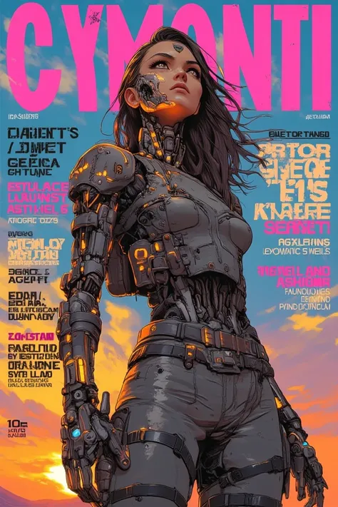 sexy cowgirl cyborg, (ultra-detailed), (best illustration), (best shadow), (absurdres) magazine cover, poster art , hint of neon vibrant, bold huge text, professional view