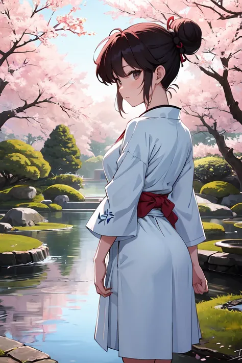 An illustration of Akane Tendo,  the protagonist of  *Ranma ½ *, with her short black hair slightly wavy, hairstyle with her signature side bun held back with a red ribbon. She is wearing an elegant blue dress with a soft tone, with sleeves short and a fit...