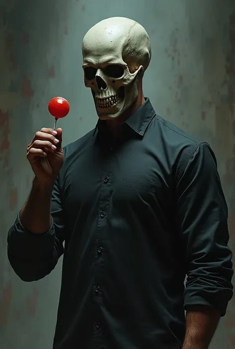 Skull-headed man, muscular, wearing a long-sleeved shirt, holding a small lollipop, left hand