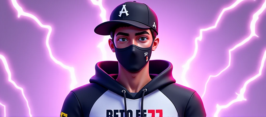  Free Fire style male character , With Tamo cap together black with hair 
 smooth , with a black mask  , and a white-black eyeshadow blouse written beto .ff77
With a lilac background with lightning  