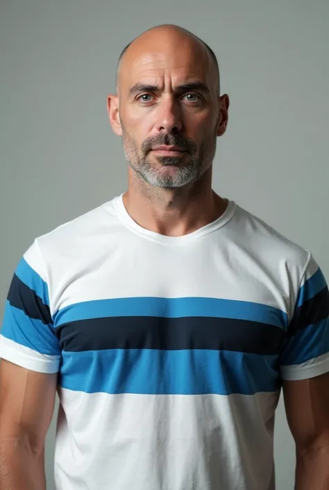 Make a bald white man without a beard with a white blue and black vertical stripe t-shirt