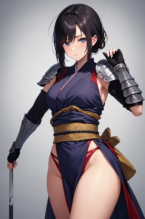  top quality, high details, anatomically correct , simple background,Very fine grain,Very beautiful eyes, very detailed hair, adult woman,Ninja,Shinobi costume, Masterpiece, high resolution,Fits within the screen,solo,  textured skin, hip lift, slit, kimon...