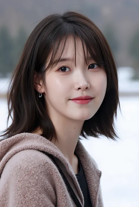 korean beauty、Big eyes、High nose、smile、beautiful、long hair、Smooth Hair、30 years old、、sexy、hoodie、snow、Emotional atmosphere、High resolution, masterpiece, accurate, Textured skin, Very detailed, , 高quality, quality, High-resolution model, detail, Real、Realis...