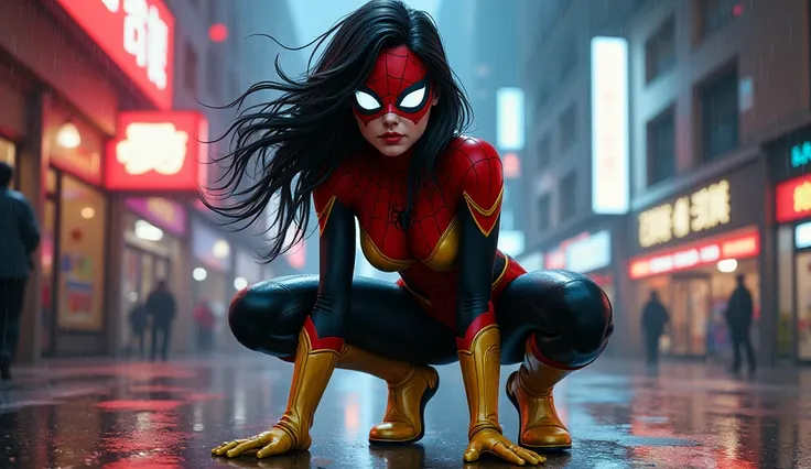 A hyperrealistic digital painting of a female superhero inspired by Spider-Woman. She wears a red and yellow form-fitting suit with black details, golden gloves, and boots. Her mask covers her eyes with large white lenses, and she has long, flowing black h...