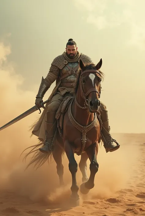 Make a man on a horse ready for war with sands in air in a desert