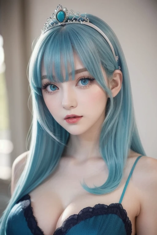   light blue hair with a slender body , Turquoise Eye,  has long eyelashes, Big Red Lips,  apricot eyes,  beauty,  Girly , Curly Hair,  princess