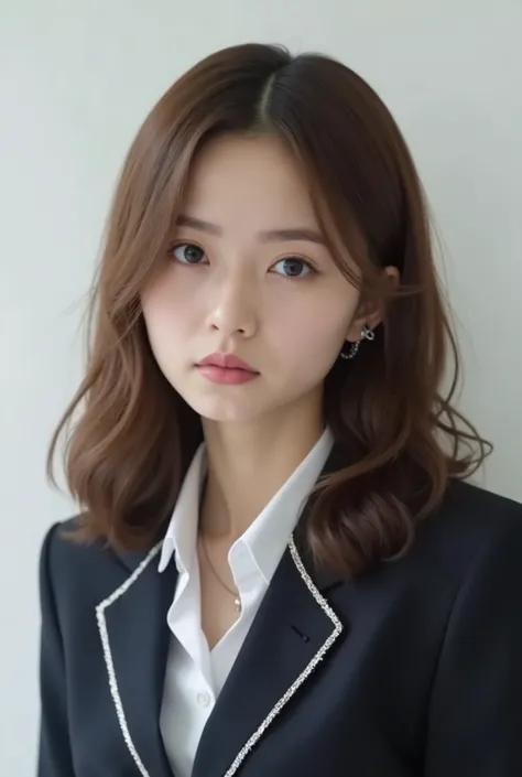 Beautiful Japanese Woman 、、 She is wearing an office lady suit、濃いeyeshadow 、Hairstyle: Medium long、wavy hair 、 Light Brown Hair 、ear piercing、 Empty Expressions 、 necklace、 white backgr