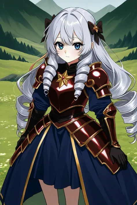  the young lady of a beautiful  silver-haired girl　 dark blue skirts 　leather armor bib over a blouse　　The background is a green mountain　 fantasy　 drill hair