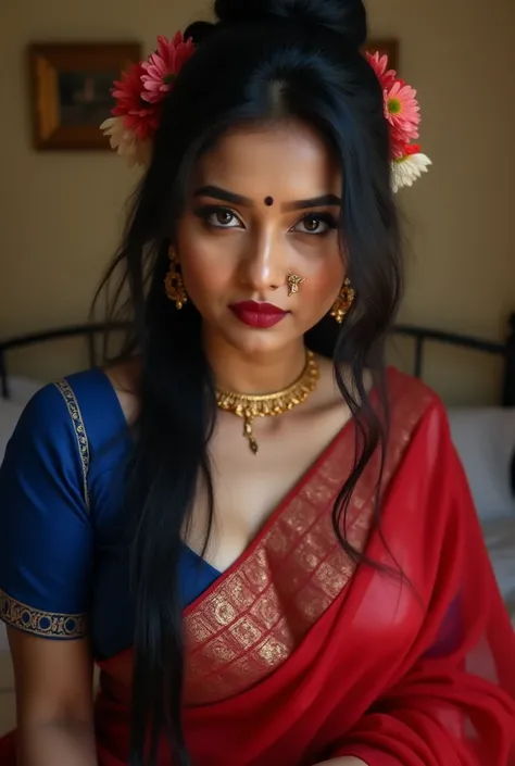 at camera, with lust in her eyes, black hair tied around, flowers in head,sandal mark on forehead, sindhur on forehead (vermilion mark on forehead in the middle of hair partition,red saree , dark red lipstick, black eyeliners, eyelashes,golden noserings, (...