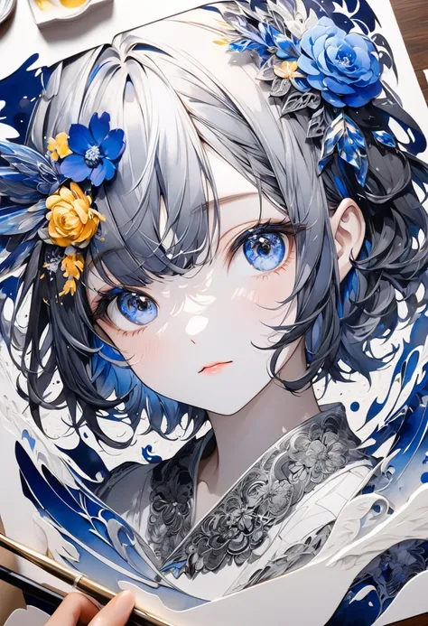  Best Details 、 royal blue, Paper cutting,  top quality, Super Fine, 16k,  unbelievably high resolution with n,  extremely detailed,  Delicate and Dynamic,  Fusion of Watercolor and Oil Paintings ,   mix of monochrome and color ,  Portrait of a Cute Girl ,...