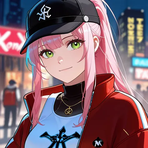 white woman with long pink hair, Black sport cap with red details, green eyes and a slightly square shaped face, light smile, wearing a New York Yankees Black and red jacket and a white tank top (big chest), she is in a night city with colorfull paints bac...